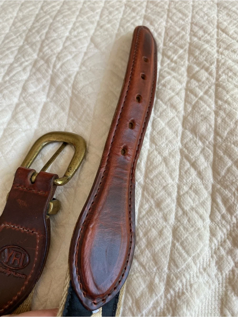 YRI Eagle Ribbon Belt Black Tan Strap Leather Brass Buckle Preppy Old Money 38